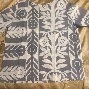 Vintage MAMO HOWELL Hawaiian Quilt Print Blouse-Gray/White XL Exc. Condition